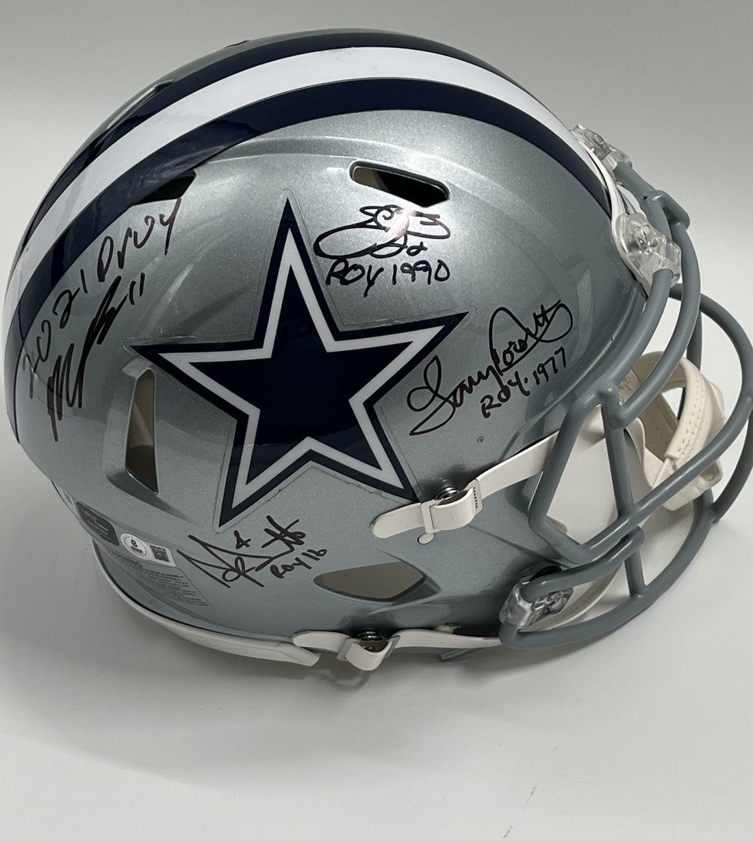 Emmitt Smith, Tony Dorsett, Micah Parsons &amp; Dak Prescott Signed Cowboys Full-Size Authentic On-Field Speed Helmet with ROY Inscriptions (Beckett)