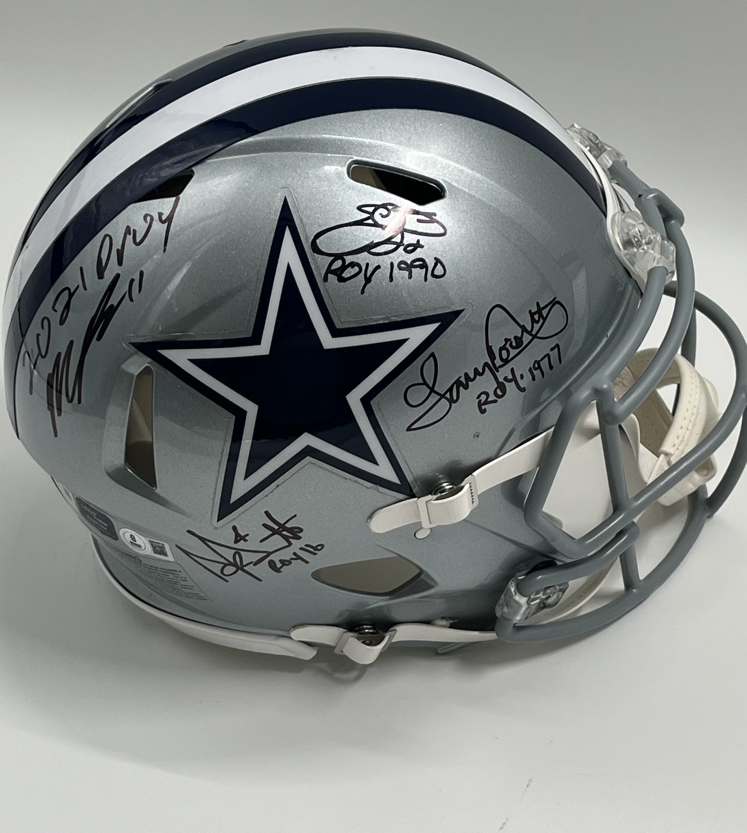 Emmitt Smith, Tony Dorsett, Micah Parsons &amp; Dak Prescott Signed Cowboys Full-Size Authentic On-Field Speed Helmet with ROY Inscriptions (Beckett)