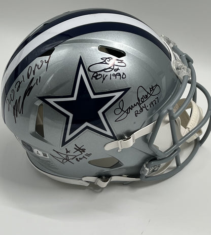 Emmitt Smith, Tony Dorsett, Micah Parsons &amp; Dak Prescott Signed Cowboys Full-Size Authentic On-Field Speed Helmet with ROY Inscriptions (Beckett)