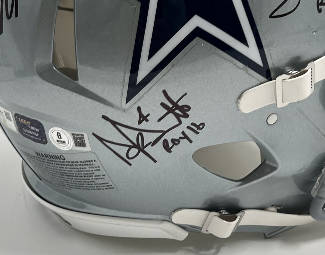 Emmitt Smith, Tony Dorsett, Micah Parsons &amp; Dak Prescott Signed Cowboys Full-Size Authentic On-Field Speed Helmet with ROY Inscriptions (Beckett)