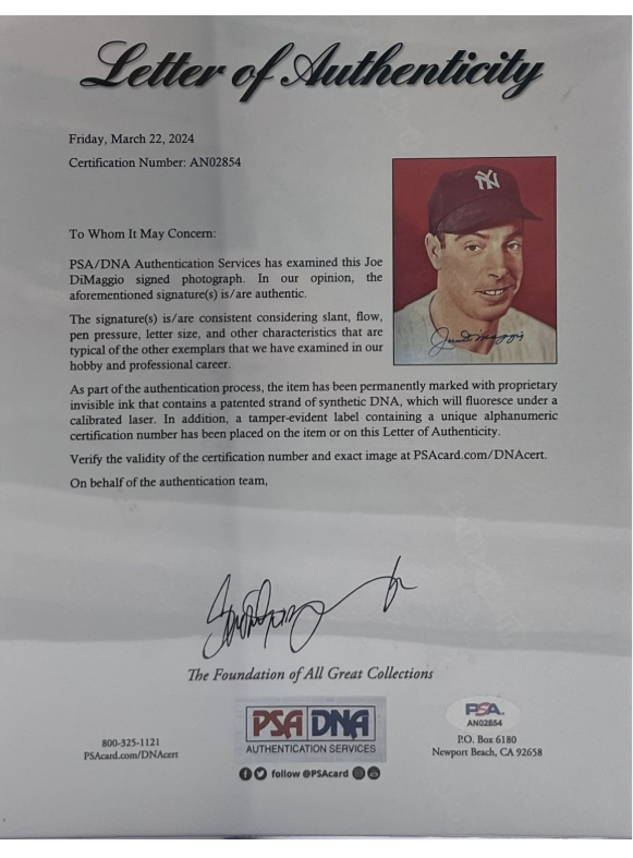 Custom Framed &amp; Signed Joe Dimaggio 8X10 Photo (PSA/DNA)