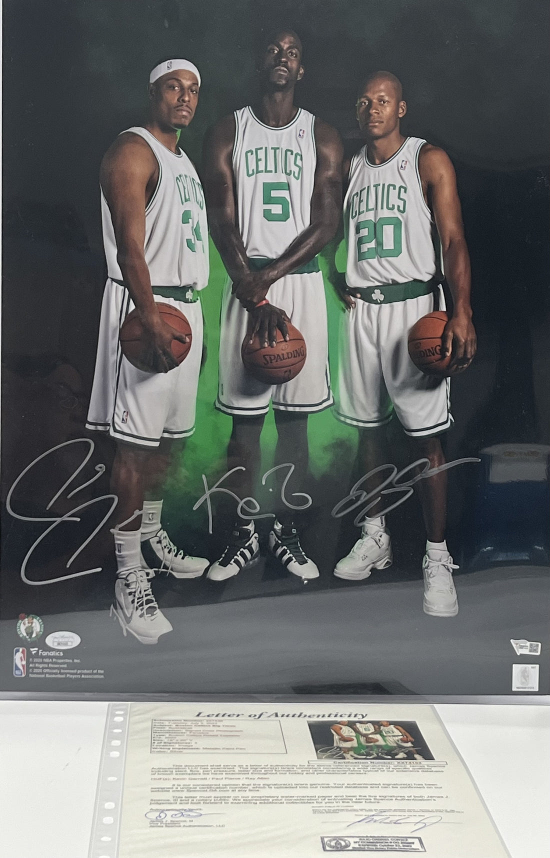 Kevin Garnett, Ray Allen &amp; Paul Pierce Signed Celtics 16x20 Photo (Fanatics &amp; JSA)