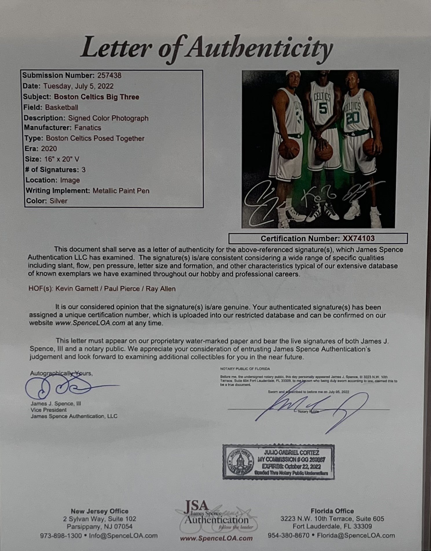 Kevin Garnett, Ray Allen &amp; Paul Pierce Signed Celtics 16x20 Photo (Fanatics &amp; JSA)