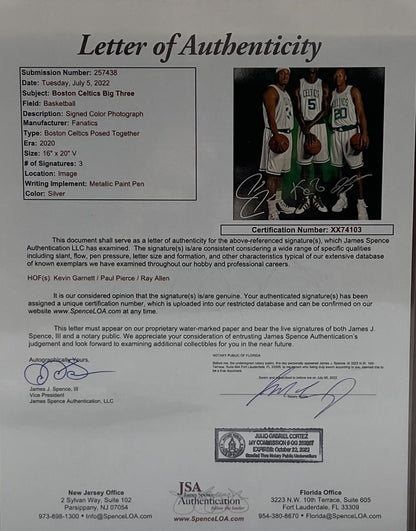 Kevin Garnett, Ray Allen &amp; Paul Pierce Signed Celtics 16x20 Photo (Fanatics &amp; JSA)